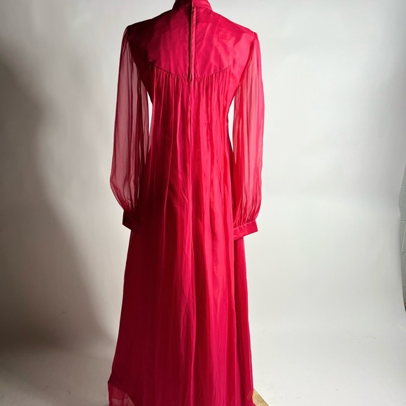 VINTAGE 70s Hot Pink Full Length Sheer Sleeve High Neck Maxi Dress Womens XS - Picture 6 of 8